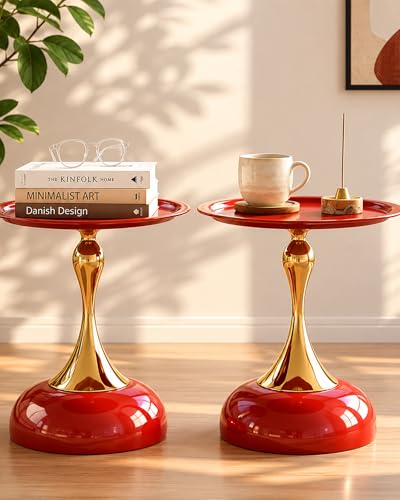 Xinyvee Petite Table Basse Salon Lot de 2 Table d'Appoint Rouge et Dorée Bout de Canapé Vintage en Métal, Petite Basse Ronde pour Salon ou Chambre, Guéridon Extérieur, 40x H53cm