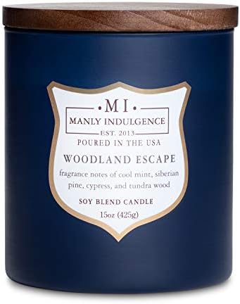 Manly Indulgence Woodland Escape Scented Jar Candle for Men, Wood Wicked Candle, 15 oz – Cool Mint, Siberian Pine, Cypress & Tundra Wood – Up to 60 Hours Burn, Soy Blend Wax, USA Poured