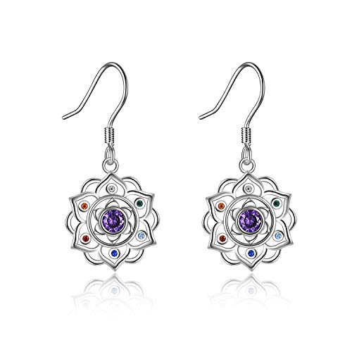 ONEFINITY Sterling Silver Chakra Lotus Earrings Lotus Flower Dangle Drop Earrings Yoga Jewelry for Women