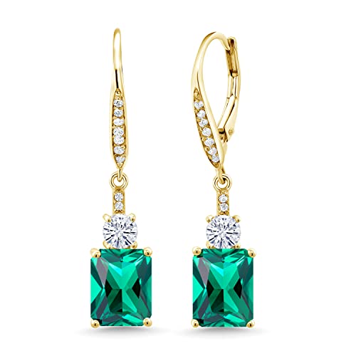 Gem Stone King 18K Yellow Gold Plated Silver Emerald Cut 9X7MM Gemstone Birthstone and White Topaz Dangle Earrings For Women