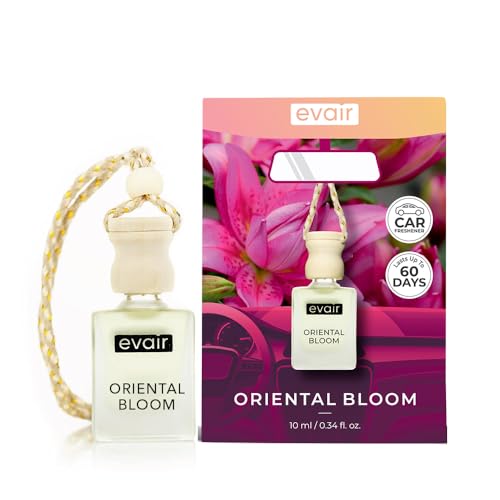 Image of Evair Oriental Bloom Car Air Freshener | Hanging Car Perfume | Premium Car Fresheners | Car Aroma with Essential Oils| Hanging Perfume for Car in Glass Bottle with Wooden Diffuser Lid (10ml, Pack-1)
