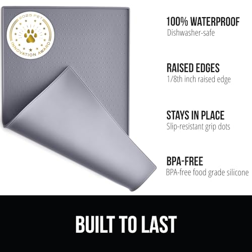 GORILLA GRIP 100% Waterproof Raised Edge BPA Free Silicone Pet Feeding Mat, Dog Cat Food Mats Contain Spills Protects Floors, Placemats for Cats and Dogs Water Bowl, Pets Accessories 18.5x11.5 Gray
