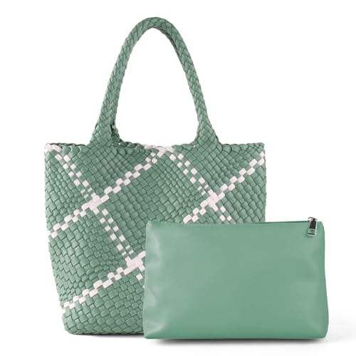 Hnycinj Bolsa feminina de couro vegano, bolsa Hobo grande feita à mão, bolsa de ombro casual, bolsa de viagem nas axilas, Verde-branco
