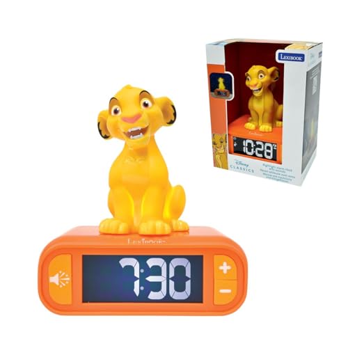 Lexibook, Disney El Rey León, Reloj Despertador con luz Nocturna Simba, Sonidos y melodías, Pantalla LCD retroiluminada, Luminoso, Snooze, Amarillo/Naranja, RL800ANLXB