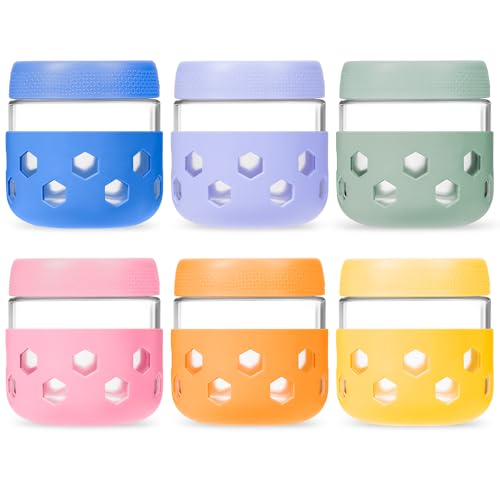 Gemice 6-Pack 10oz Glass Mason Jars with Silicone Sleeves, Airtight BPA-Free Overnight Oats Containers with Lids, Dishwasher Safe Leak-Proof Meal Prep Jars for Chia Pudding, Yogurt, Snacks