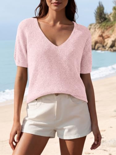 Image of Saodimallsu Womens Short Sleeve Sweater Summer V Neck Casual Tops Lightweight Loose Knit Pullover Shirts