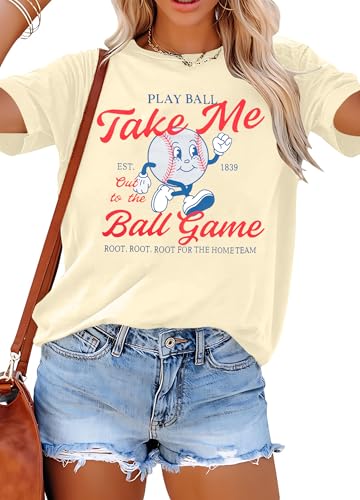 Baseball Shirts for Women Take Me Out to The Ballgame Shirt Baseball Mom Shirt Game Day Tee Casual Short Sleeve Tops Apricot