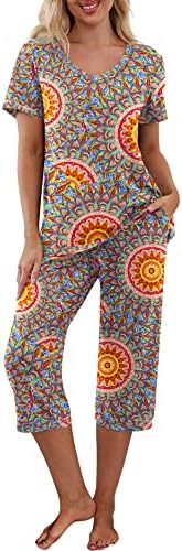 PrinStory Women's Pajama Set Short Sleeve Shirt and Capri Pants Sleepwear Pjs Sets with Pockets FP-Peacock Blue-Large