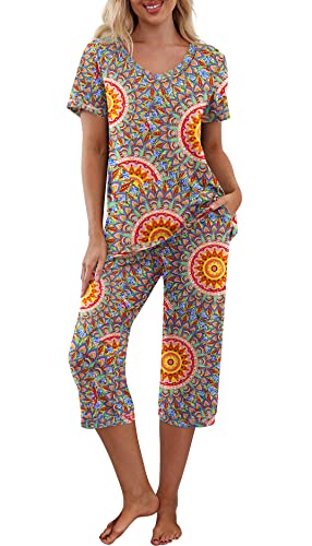 Prinstory Women's Pajama Set Short Sleeve Shirt And Capri Pants Sleepwear Pjs Sets With Pockets Fp-Peacock Blue-Large #TOP10
