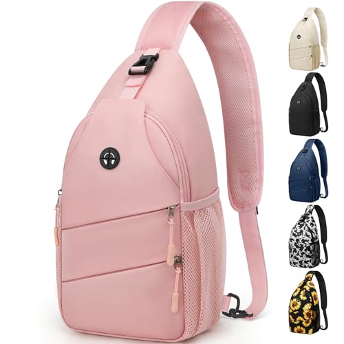 Pritent Crossbody Bags for Women Men Trendy Sling Bag Bakpack Casual Chest Bag with Convertible Shoulder Strap Travel Cross Body Bag for Hiking Traveling Outdoors(Pink)