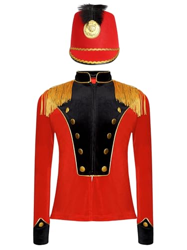 Kids Girls Long Sleeve Zipper Front Velvet Jacket with Drummer Cap for Carnival Marching Band