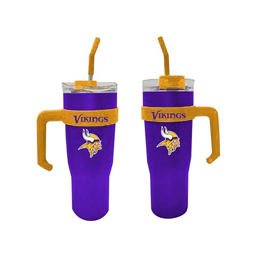 Image of The Memory Company Officially Licensed 46oz Team Color Slim Tumbler with Straw and Handle, Minnesota Vikings