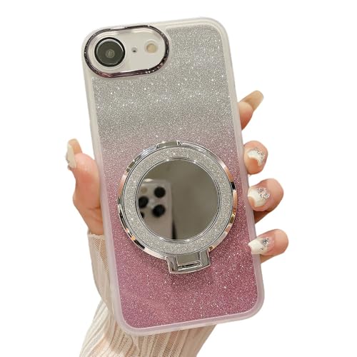 KOOLRIVER・For iPhone16e ケース カメラ保護あり カバー メッキ TPU ソフトケース ミラー付き 分離型スマホリング付き スタンド機能 きらきら かわいい 可愛い お洒落 グリッター エレガント アイフォン 16e アイホン アイフ