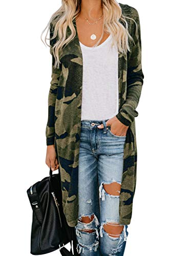 Elapsy Womens Autumn Lightweight Cozy Knit Open Front Wild One Leopard Long Knit Cardigan Sweater Duster Coats Camo X-Large