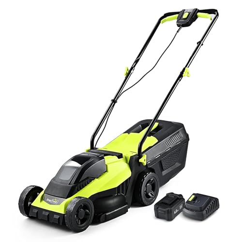 SnapFresh Cordless Lawn Mower, 14 Inch Electric Lawn Mower with Brushless Motor, 20v 4.0ah Battery and Charger, with 2-in-1 Grass Bag, Push Lawn Mower
