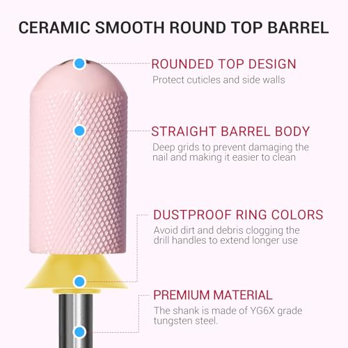 Image of MelodySusie Ceramic Nail Drill Bit, 3 /32'' Smooth Round Top Large Barrel Bits, Suitable for Manicure Pedicure Cuticle Gel Polishing, Beginners Bits, Pink, Series Bit-S, Extra Fine