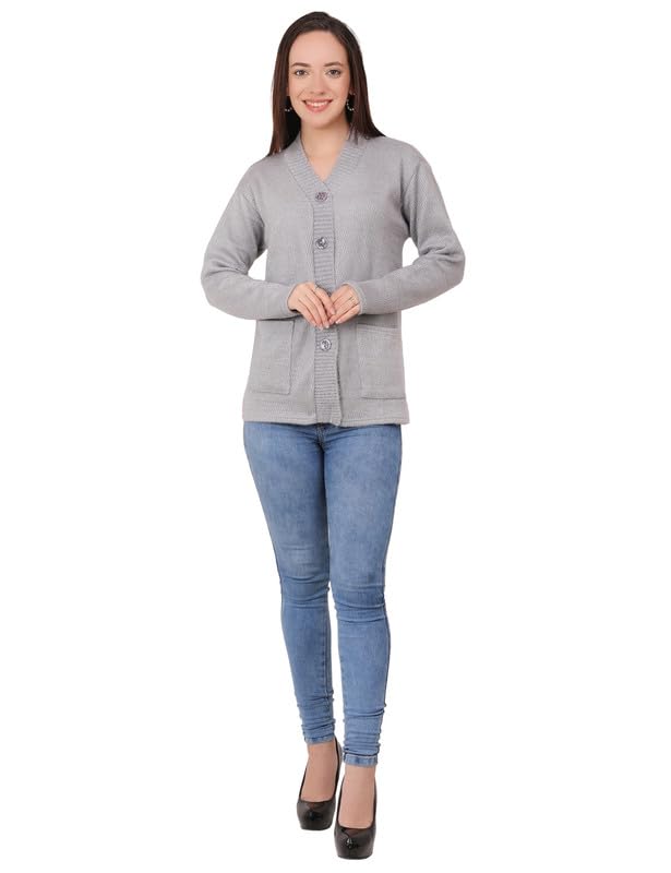 Image of MANRA Women's Woolen V-Neck Buttoned Full Sleeve Cardigan Self Design Soft Wool Fabric Winter Wear Pure Wool Sweater Fully Warm, Front Pockets Cardigan