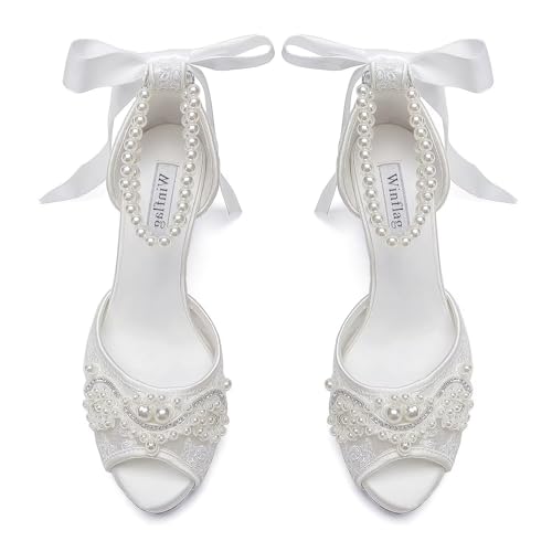 Image of Lace Pearl Wedding Shoes for Bride High Heel Bridal Shoes Peep Toe Platform Wedding Heels