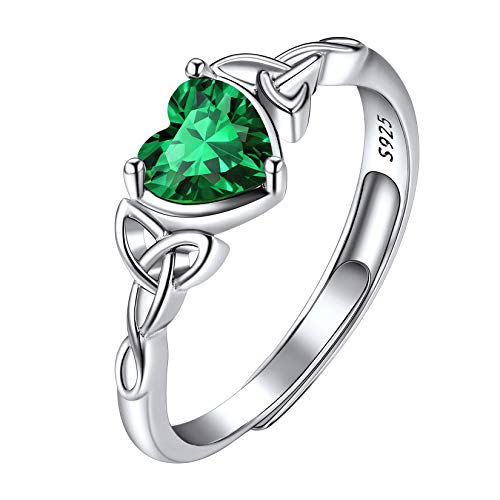 Suplight Plata de Ley 925 Anillos Ajustables Corazón para Mujeres Piedras Verdes de Esmeralda de Mayo Piedras de Nacimiento Nudos Irlandeses de Trinidad