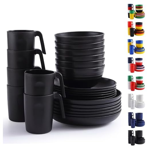 Berglander vajilla de plástico negro 24 piezas para 6, juegos de platos y tazones reutilizables incluye platos de cena, plato de postre, tazones de cereales, tazas para el hogar, jardín, picnic