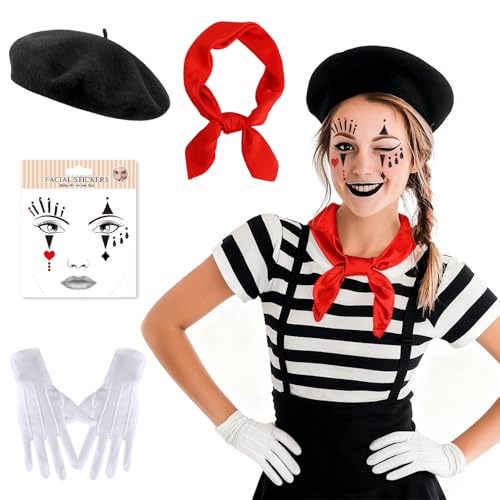 #Commissioniguadagnate<br>Accessori Mimo 4pcs Costume Mimo Donna Costume Mimo per Festa di Carnevale Cos tume Pantomime da Donna e Uomo Pantomima Accessori Set con Cappello Guanti e Tatuaggio Viso per Carnevale Festa