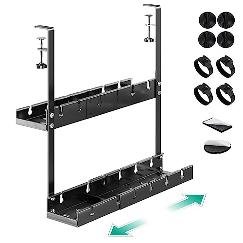 Holotap ケーブルトレー 伸縮式 二重層 デスク下 ケーブルオーガナイザー 長さ調節可能 幅31-55cm 耐荷重15㎏ 穴開け不要 机の下 収納 配線トレー コンセント収納 取り付けやすさ 炭素鋼 (黑 二重構造)