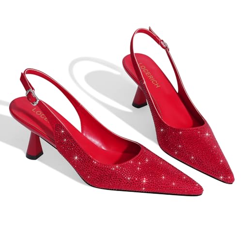 Image of LOCERICH Women's Kitten Heels Slingback Low Heel Dress Shoes Closed Toe Pumps Rhinestone Pointed Toe Sparkly Sling Back Bridal Wedding Party