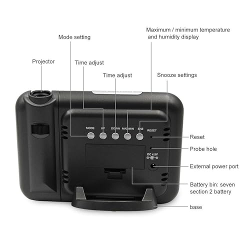 Proyector LCD reloj despertador digital contra el insomnio con control de temperatura y humedad 7