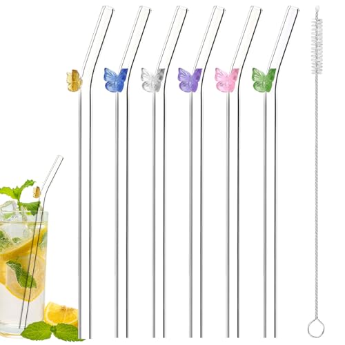 6pcs Reusable Glass Straws with Butterfly Charms, Shatter Resistant Drinking Straws with Cleaning Brush Cute Colorful Drinkware for Smoothies Juice Cocktails Teas Party Drinks (Clear)