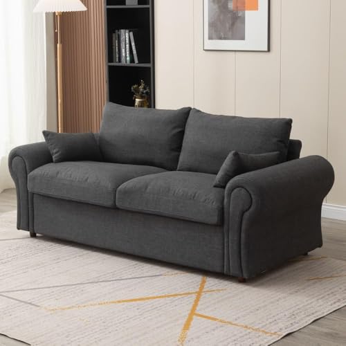 Panana Modern 3 Seater Couch Seette, Linen Fabric Grey Sofa with Under Storage Compartment for Small Apartment 180 x 80 x 80cm (Dark Grey, Ruched Arm)