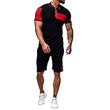 sutelang lurryly tuta set uomo casual pulsante risvolto manica corta tee shirt ave shorts 2 pezzi patchwork trendy gym fitness sportswear, rosso, xxxl