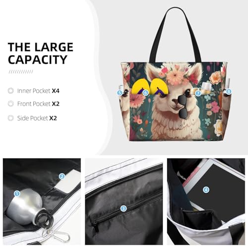 Flower Alpaca Beach Bags For Women Large Waterproof Sandproof Beach Tote Bag Lightweight Carry On Bag For Gym Travel Vocation3