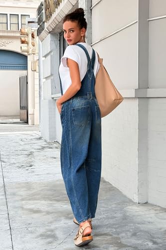 PLNOTME Womens Denim Bib Overalls Barrel Leg Adjustable Strap Jean Pants Jumpsuits with Pockets3
