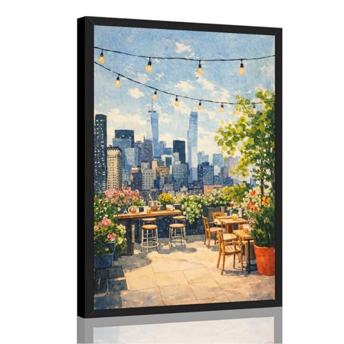 Framed Rooftop Cityscape Watercolor Poster Canvas Print Art Modern Contemporary