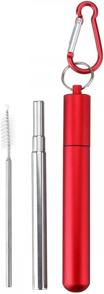 Reusable Collapsible Straw with Case & Brush Retractable Stainless Steel Metal Drinking Straws (Red)