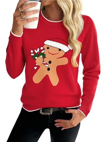 Demegimi Damen Weihnachtspullover Christmas Pullover Warm Lustiger Strickpullover mit niedlichem Lebkuchenmann-Motiv Ugly Christmas Sweater