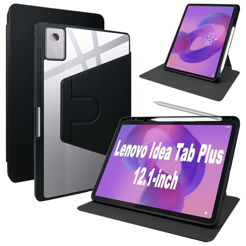 Lemxiee Funda para Lenovo Idea Tab Plus 12.1' Case con Soporte Plegable & con Ranura para bolígrafo,Funda de Cuero PU + acrílico Transparente