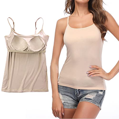 Canotte da Donna a Canotta con Reggiseno Incorporato Canottiera di Base Solida Camicia Imbottita Regolabile con Spalline Sottili, Beige M