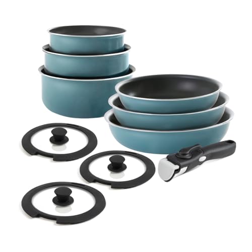 QDESIGN - Batería de cocina (10 unidades, sartenes+tapas+mango extraíble, aluminio antiadherente sin PFOA, todos los fuegos, incluida inducción, apto para lavavajillas y nevera, color azul, apilables