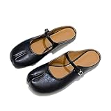 Tabi Shoes Mary Jane Flats for Women, Split Toe Strips Slides Breathable Comfortable Slip-On, Retro Round Toe Slippers Mules Black