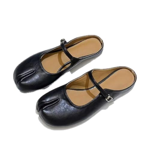 Tabi Shoes Mary Jane Flats for Women, Split Toe Strips Slides Breathable Comfortable Slip-On, Retro Round Toe Slippers Mules Black