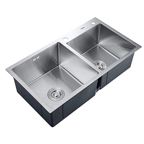 2-Schüssel-Küchenspüle aus Edelstahl mit Geschirrspüleranschluss, schallabsorbierendes Design, Geeignet für Unterbau- und Unterputzmontage -