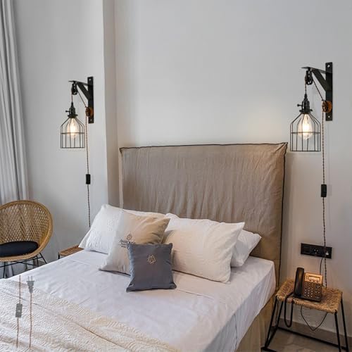 Luz de pared metal colgante negro estilo rústico antiguo con cable e interruptor pack de 2