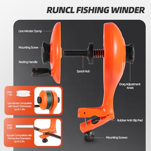 Image of RUNCL Fishing Line Spooler - Portable Winder & Reel Spooling Tool for Casting and Spinning Reels, Prevents Line Twist, Non-Slip Handle with Built-in Scissors, Fishing Accessories for Anglers