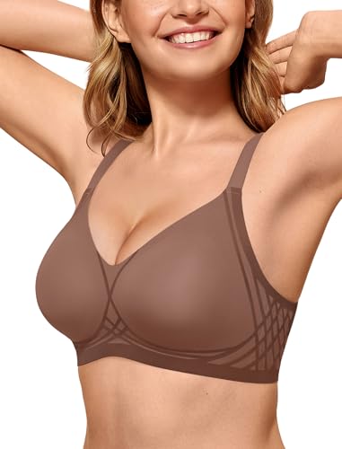 OEAK Women Seamless Bra No Underwire Push Up Anti Sagging Bralettes Everyday Tshirt Supportive Racerback Bra L Coffee