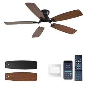 NKPU Ceiling Fans with Lights, Low Profile Ceiling Fan with Light and Remote/APP Control, DC Motor, Noiseless, Flush Mount, 52inch Brown Ceiling Fan for Bedroom Indoor/Outdoor Use