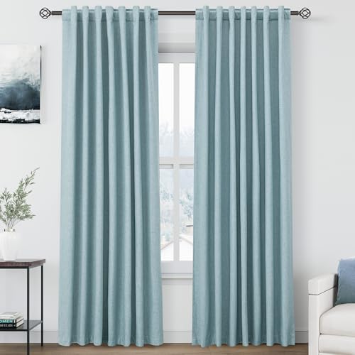 Image of Nanspring Light Blue 100% Blackout Linen Curtains 84 Inch Length 2 Panels Set for Bedroom Back Tab Coastal Boho Decor Black Out Curtain for Living Room Office Thermal Insulated Drapes 52x84
