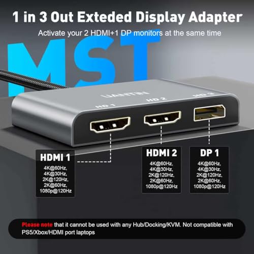 UANTIN DisplayPort to Dual HDMI with DP Splitter for 3 Monitors Extended Display Adapter 4K@60Hz 1 in 3 Out MST Hub for Multiple Monitor Display Port Compatible with NVIDIA/AMD Graphic Card - Thumbnail 2