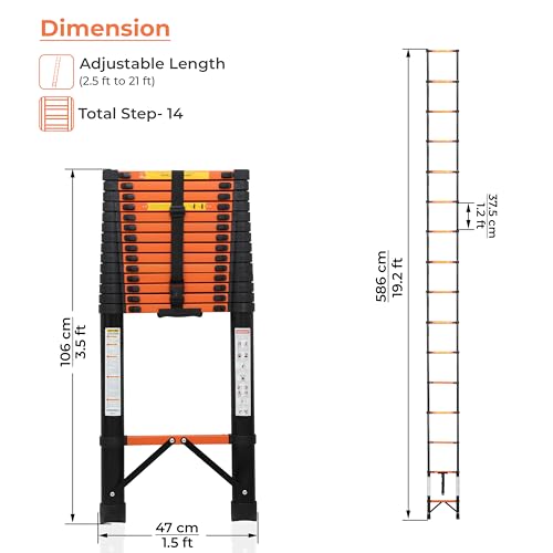 Image of Plantex 5.9m (19.35 ft.) Telescopic Ladder /Carbon Steel 15-Steps Portable & Compact Ladder /Foldable Multipurpose Collapsible Ladder for Home & Outdoor Use - (Orange)