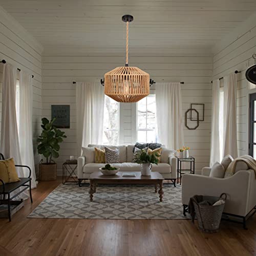 Rattan Woven Pendant Lamp, Natural Simple Hand Weaved Coastal Beach Rope Pendant Fixture For Dining Room Living Room Bedroom Kitchen Foyer #TOP5